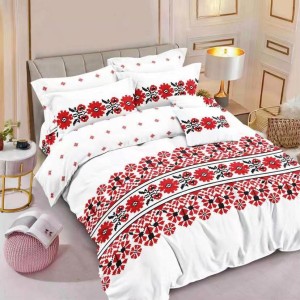 Lenjerie pat dublu cu ELASTIC, Finet, 6 piese, Alb-Rosu, model traditional