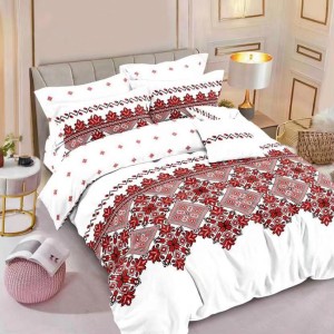 Lenjerie pat dublu cu ELASTIC, Finet, 6 piese, Alb-Rosu, model traditional