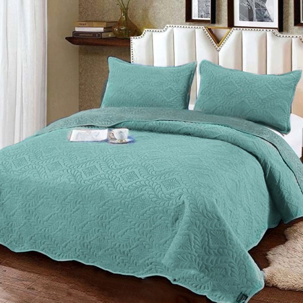 Cuvertura pat dublu, 3 piese, Catifea Matlasata, 230x250cm, Verde menta [1]