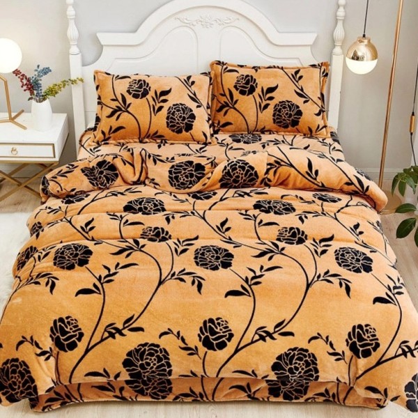Lenjerie pat dublu, Super Pufoasa COCOLINO,cu ELASTIC, 4 piese, Maroniu, flori [1]