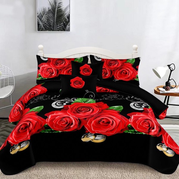 Lenjerie pat dublu, Super Pufoasa COCOLINO,cu ELASTIC, 4 piese, Negru-Rosu, Trandafiri [1]