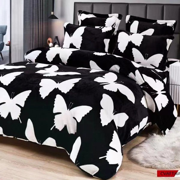 Lenjerie pat dublu, Super Pufoasa COCOLINO,cu ELASTIC, 4 piese, Negru-Alb, fluturi [1]