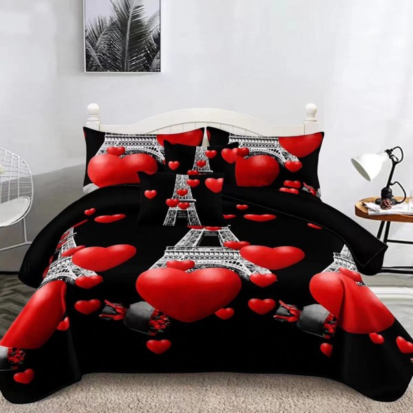 Lenjerie pat dublu, Super Pufoasa COCOLINO,cu ELASTIC, 4 piese, Negru-Rosu, inimioare, turnul Eiffel [1]