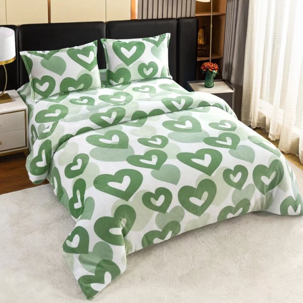 Lenjerie pat dublu, Super Pufoasa COCOLINO,cu ELASTIC, 4 piese, Alb-Verde, inimioare [1]