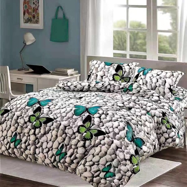 Lenjerie pat dublu, Super Pufoasa COCOLINO,cu ELASTIC, 4 piese, Gri-Multicolor, fluturi [1]
