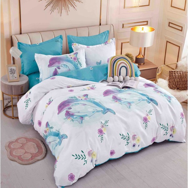 Lenjerie pat 1 PERSOANA,  FINET, 4 piese, Jojo Home, Bleu, delfini [1]