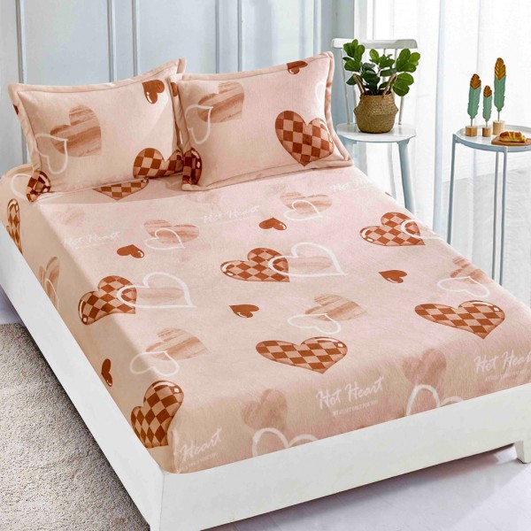 Cearsaf CoCoLiNo, JoJo Home, cu Elastic, 180x200x25cm, 2 fete de perne, 50x70cm, Maro, inimioare [1]
