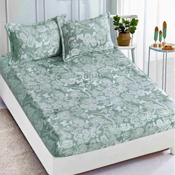 Cearsaf CoCoLiNo, JoJo Home, cu Elastic, 180x200x25cm, 2 fete de perne, 50x70cm, Menta, model floral [1]