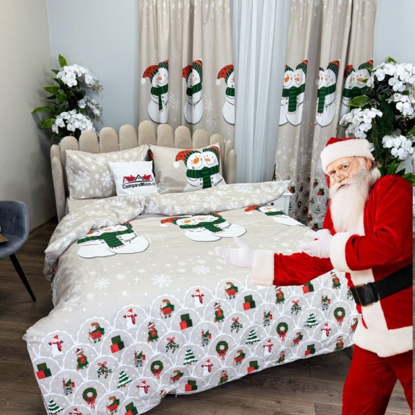 Set Lenjerie Pat Dublu Crăciun 4 Piese + 2 Draperii 150x235cm din Bumbac Ranforsat – Confort și Eleganță, Fabricat în România, Bej, Verde, Rosu, Oameni de Zapada, brazi, fulgi de nea [1]