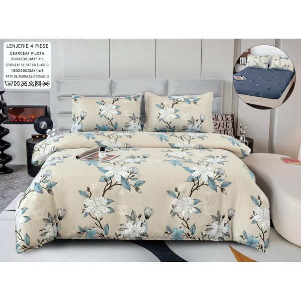 Lenjerie pat dublu, bumbac satinat,  Cearsaf cu ELASTIC 180x200cm, 4 PIESE, Bej, flori, magnolii [1]