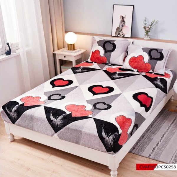 Husa cu elastic 180x200cm, pufoasa cocolino si 2 fete de perna, Gri, Negru, Rosu, inimioare [1]