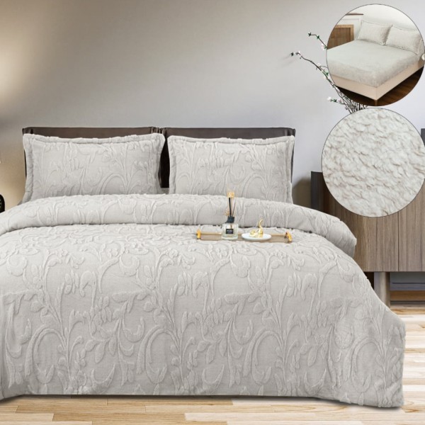 Lenjerie de pat dublu, Luxoasa si Super Pufoasa CoCoLiNo 3D, cu Blanita Sherpa, 4 Piese, Cearsaf cu Elastic – Microfibra Plusata, Caldura si Stil pentru Dormitorul Tau, Floral print, Gri deschis [1]
