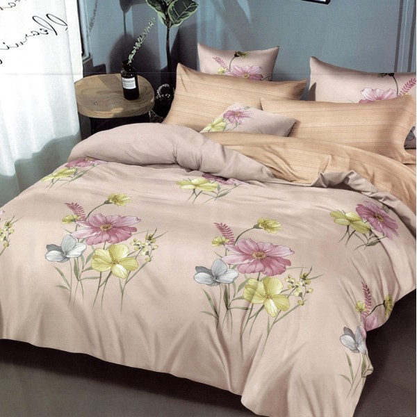 Lenjerie pat dublu,  FINET, 6 piese, Bej, flori [1]