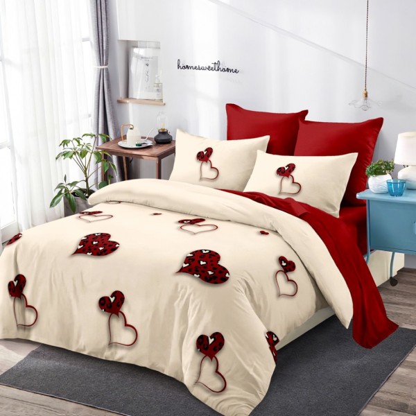 Lenjerie pat dublu,  FINET, cu elastic, 6 piese, Crem, Rosu, Inimioare [1]
