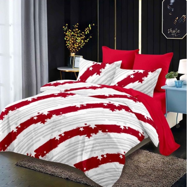 Lenjerie pat dublu,  FINET, cu elastic, 6 piese, Alb, Rosu, Stelute, Dungi [1]