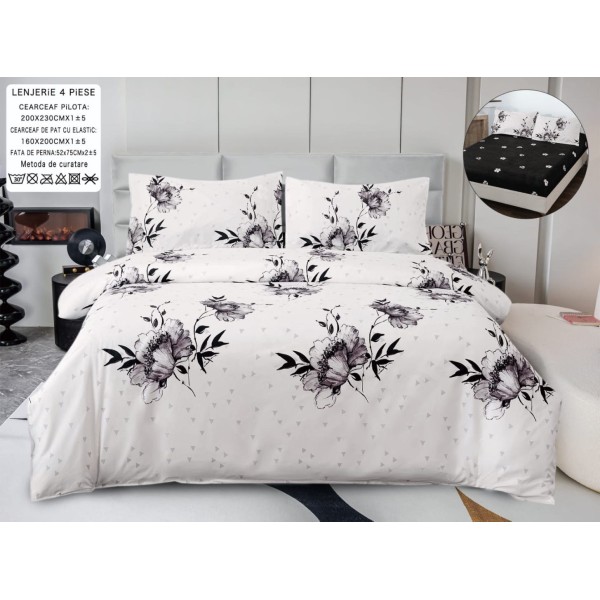Lenjerie pat dublu, bumbac satinat,  Cearsaf cu ELASTIC 160x200cm, 4 PIESE, Alb, Gri, flori [1]
