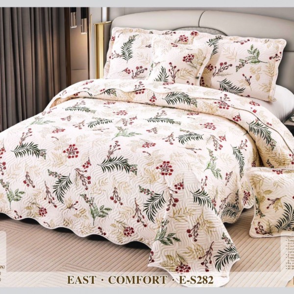 Cuvertura matlasata 230x250cm si 4 fete de perna, Bumbac, Crem, model floral [1]