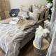 Set Luxury:  Lenjerie de Pat dublu, din Catifea Royală Velvetto, 6 piese si Draperie cu inele încastrate, 2buc x 150x245cm, cu Șnur Magnetic și Față de Pernă Decorativă, Ivory, Bej