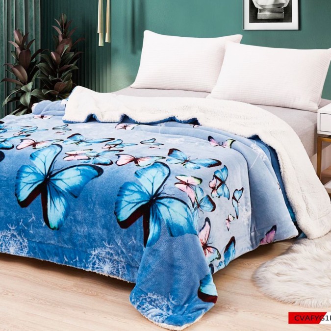 Pătură Luxoasă Cocolino din Microfibră Ultra-Moale, cu Blăniță Sherpa, 200x230 cm - Confort Maxim și Design Elegant pentru Nopți Perfecte, Bleu, Fluturi