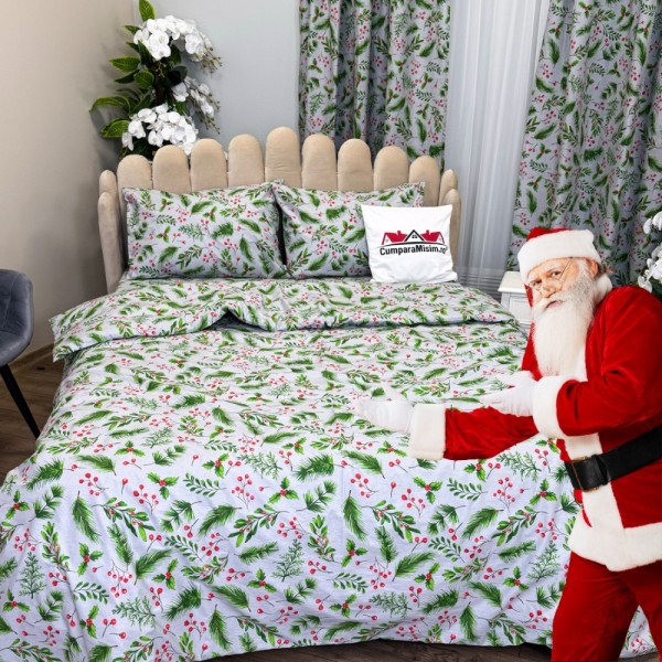 Set Lenjerie Pat Dublu Crăciun 4 Piese + 2 Draperii 150x235cm din Bumbac Ranforsat – Confort și Eleganță, Fabricat în România, Gri, Verde, crenguțe de brad, vasc [1]