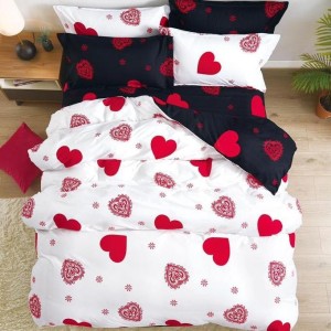 Lenjerie pat dublu cu ELASTIC (160x200cm, 180x200cm), Finet Soft, 4 piese, Alb-Rosu, inimioare