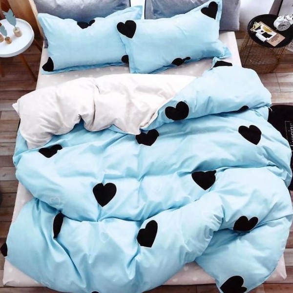 Lenjerie pat dublu (140x200cm, 160x200cm, 180x200cm), Finet Soft, cearsaf clasic, 4 piese, Bleu, inimioare [1]
