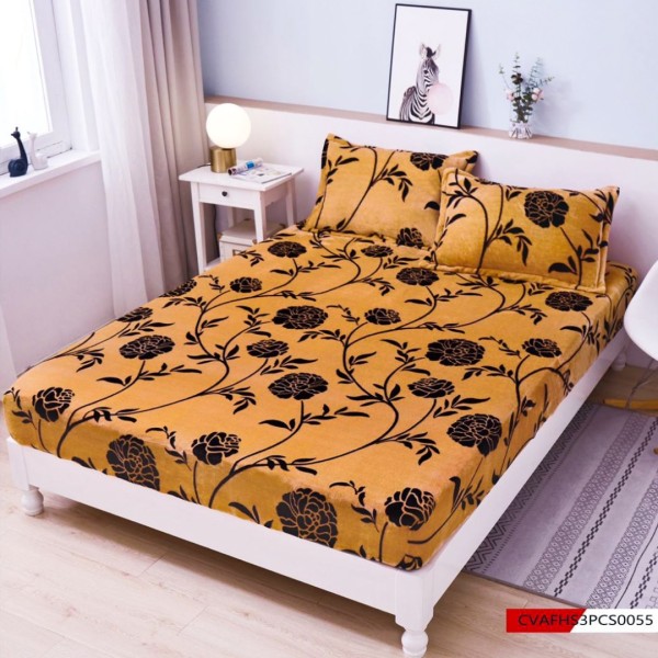 Husa cu elastic 180x200cm, pufoasa cocolino si 2 fete de perna, Mustar, flori [1]
