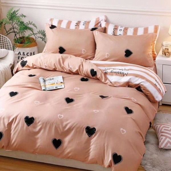 Lenjerie pat dublu (140x200cm, 160x200cm, 180x200cm), Finet Soft, cearsaf clasic, 4 piese, Maro, inimioare [1]