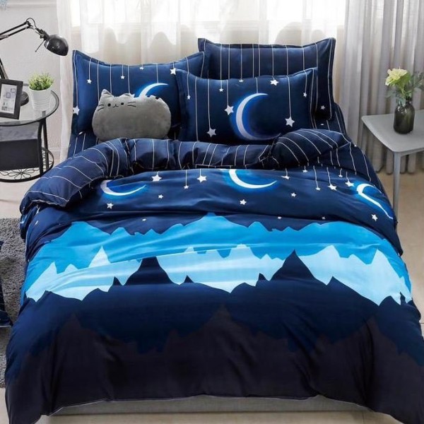 Lenjerie pat dublu (140x200cm, 160x200cm, 180x200cm), Finet Soft, cearsaf clasic, 4 piese, Albastru, munti, stelute [1]