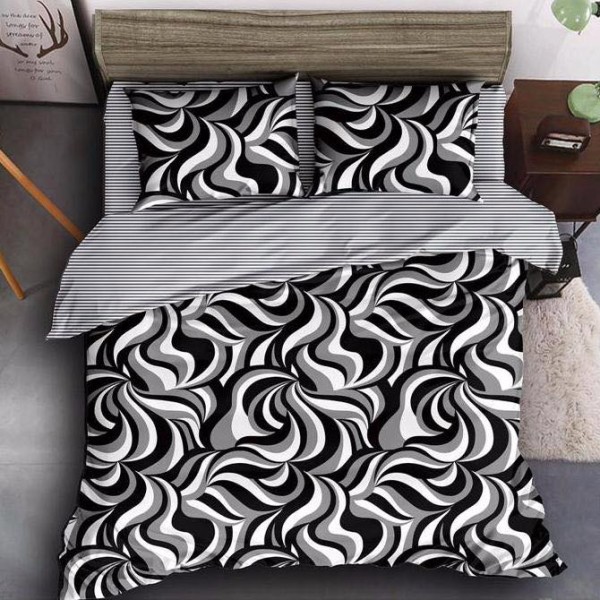 Lenjerie pat dublu cu ELASTIC (160x200cm, 180x200cm), Finet Soft, 4 piese, Negru, abstract [1]