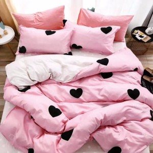 Lenjerie pat dublu (140x200cm, 160x200cm, 180x200cm), Finet Soft, cearsaf clasic, 4 piese, Roz, inimioare