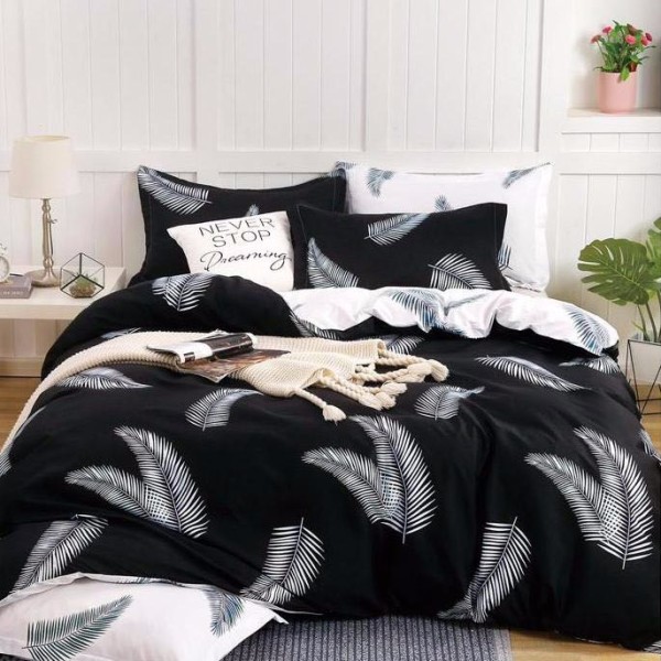 Lenjerie pat dublu (140x200cm, 160x200cm, 180x200cm), Finet Soft, cearsaf clasic, 4 piese, Negru, frunze [1]