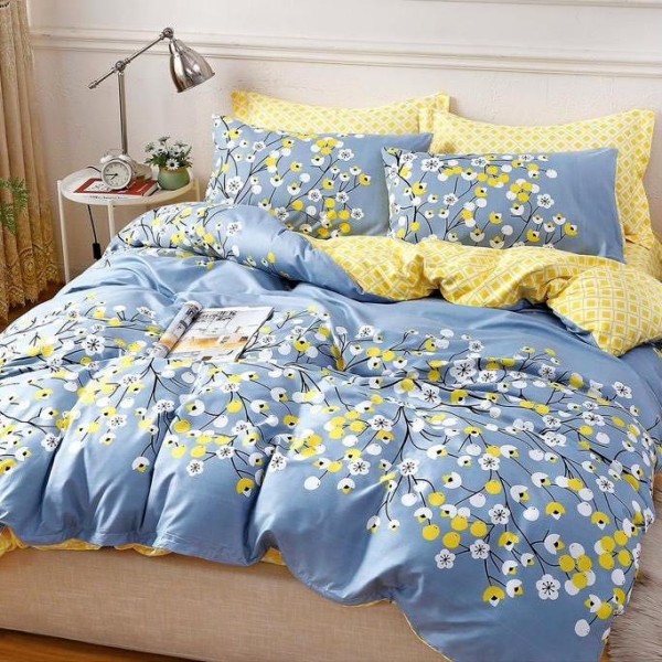 Lenjerie pat dublu (140x200cm, 160x200cm, 180x200cm), Finet Soft, cearsaf clasic, 4 piese, Bleu, floricele [1]