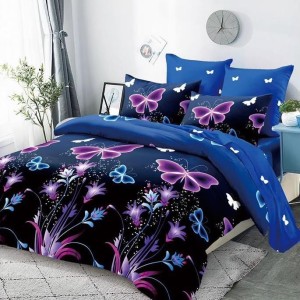 Lenjerie pat dublu cu ELASTIC (160x200cm, 180x200cm), Finet Soft, 4 piese, Mov, fluturi