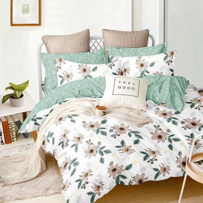 Lenjerie pat dublu cu două feţe 4 piese Bumbac Satinat Superior Verde flori
