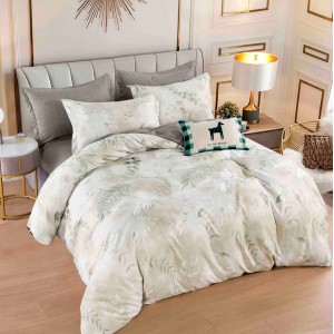 Lenjerie pat dublu,  FINET, 6 piese, cu ELASTIC, Jojo Home, Bej, frunze