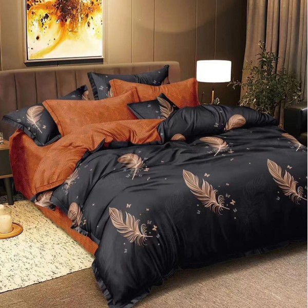 Lenjerie pat dublu cu Elastic (160x200cm si 180x200cm), bumbac satinat, Negru, pene [1]
