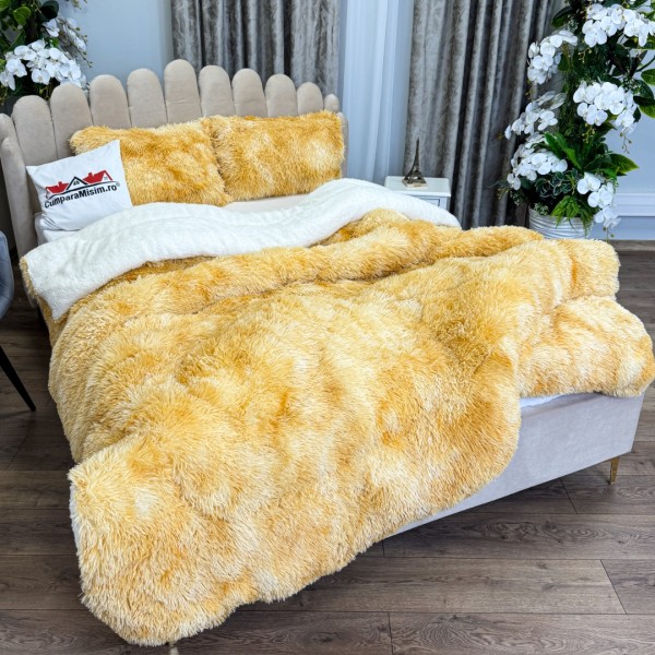  Pilota CoCoLiNo Fluffy, cu Blanita tip Sherpa, Alba, 200x230cm + 2 fete de perna 50x70cm, matlasata, Muștar degrade [1]