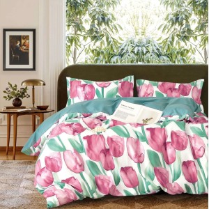 Lenjerie pat 1 PERSOANA, FINET, 4 piese, Verde, lalele Lenjerie pat 1 PERSOANA, FINET, 4 piese, Verde, lalele