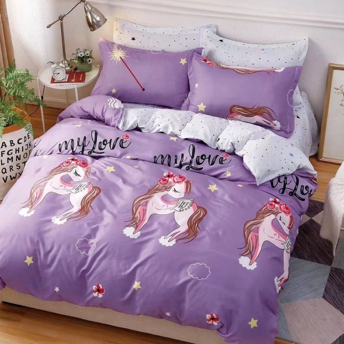Lenjerie pat dublu cu două feţe, 4 piese, Bumbac Satinat Superior, Mov, unicorni