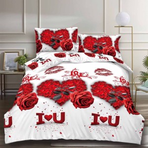 Lenjerie pat dublu (140x200cm, 160x200cm, 180x200cm), cearsaf clasic, imprimeu 3D, Rosu, trandafiri, inimioare