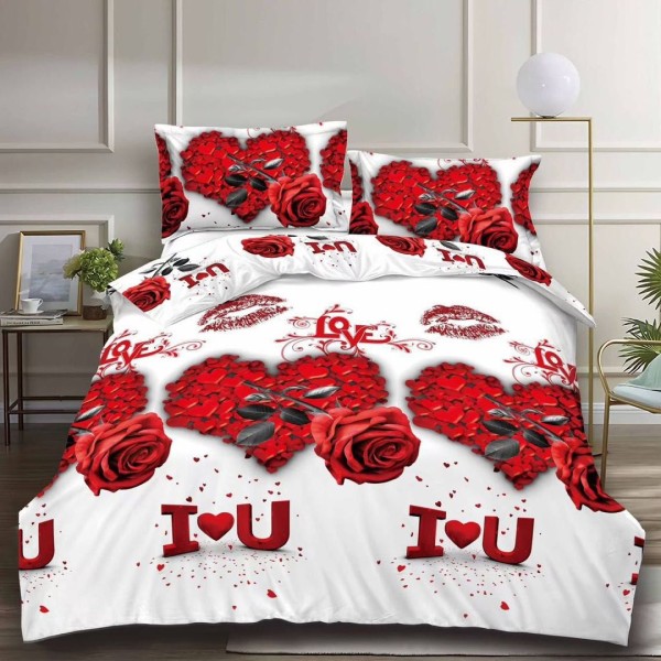 Lenjerie pat dublu (140x200cm, 160x200cm, 180x200cm), cearsaf clasic, imprimeu 3D, Rosu, trandafiri, inimioare [1]