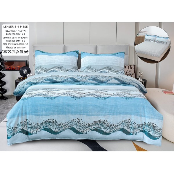 Lenjerie pat dublu, bumbac satinat,  Cearsaf cu ELASTIC 180x200cm, 4 PIESE, Bleu, valuri [1]