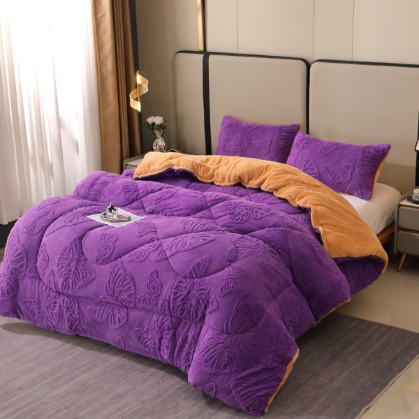 Pilota Cocolino gofrat 3D fluturi, cu blanita, 200x230cm si 2 fete de perna 50x70cm, Mov [1]