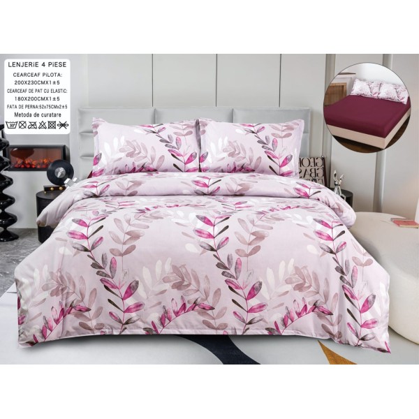 Lenjerie pat dublu, bumbac satinat,  Cearsaf cu ELASTIC 180x200cm, 4 PIESE, Roz, frunze [1]