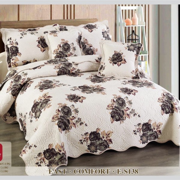 Cuvertura matlasata 230x250cm si 4 fete de perna, Bumbac, Crem, Gri, flori [1]