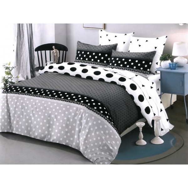 Lenjerie pat dublu,  FINET, cu elastic, 6 piese, Alb, Negru, Buline [1]
