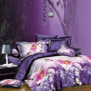 Lenjerie pat 1 PERSOANA, 3 piese, IMPRIMEU 3D Multiplicat, Microfibra, Mov, flori, fluturi