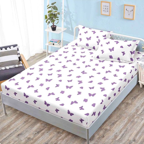 Cearsaf cu elastic, FINET, 160x200cm, 2 fete de perne 50x70cm, Alb, Mov, Fluturi – confort si eleganta pentru patul tau [1]