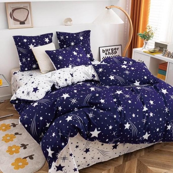 Lenjerie pat dublu (140x200cm, 160x200cm, 180x200cm), Finet Soft, cearsaf clasic, 4 piese, Albastru, stelute [1]